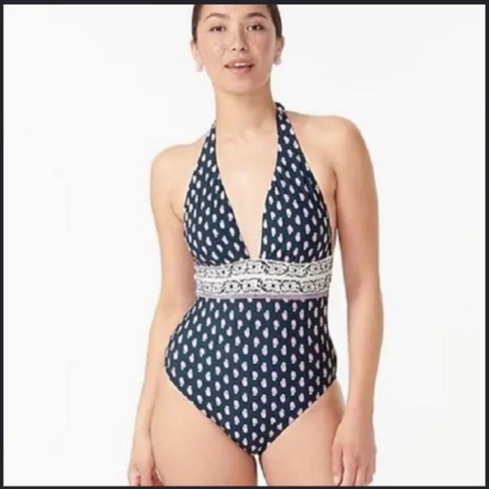 NEW J.Crew Plunge Halter One-Piece in Best Buds Midnight Blockprint